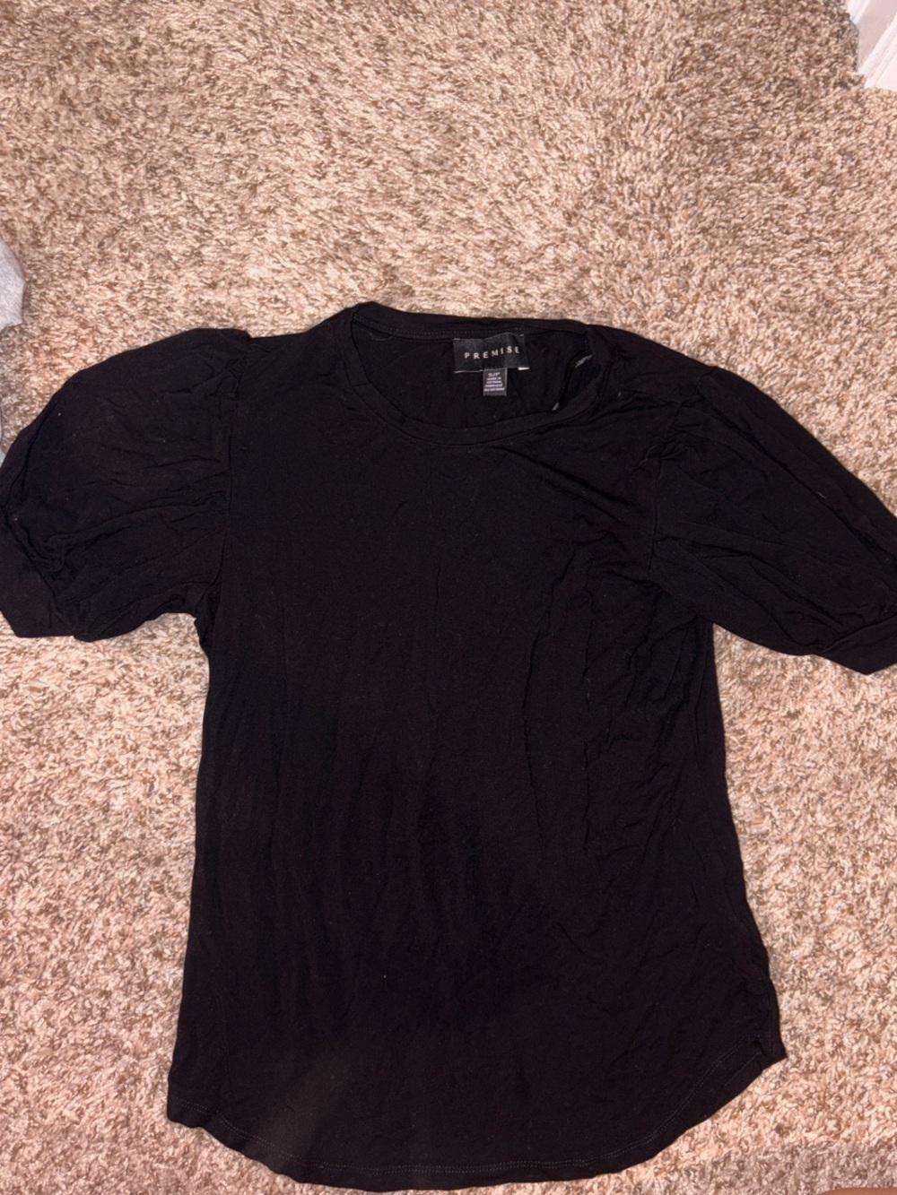 Premise Black Short Puff Sleeve Crewneck Top